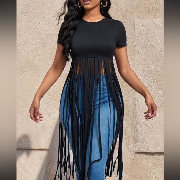 SHEIN Tops - NEW Women's Black Fringe short sleeve shirt, XXL